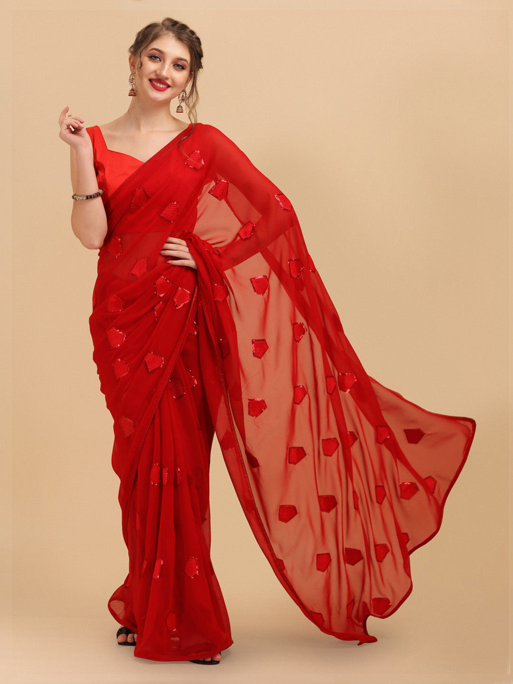 Sangria Red Sequinned Pure Georgette Saree | Grocsy