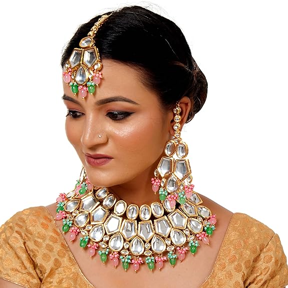 Tehzeeb Creations Back Meenakari Gold-Polished MultiColor Set Uncut Big Faux Kundan Choker Necklace Set | Grocsy