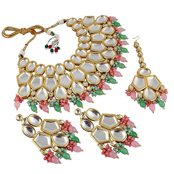 Tehzeeb Creations Back Meenakari Gold-Polished MultiColor Set Uncut Big Faux Kundan Choker Necklace Set | Grocsy