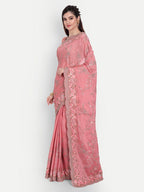 kasee Pink & Silver-Toned Floral Embroidered Pure Chiffon Saree | Grocsy