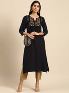 All About You Women Black Floral Yoke Design Embroidered Thread Work Straight Kurta | Grocsy
