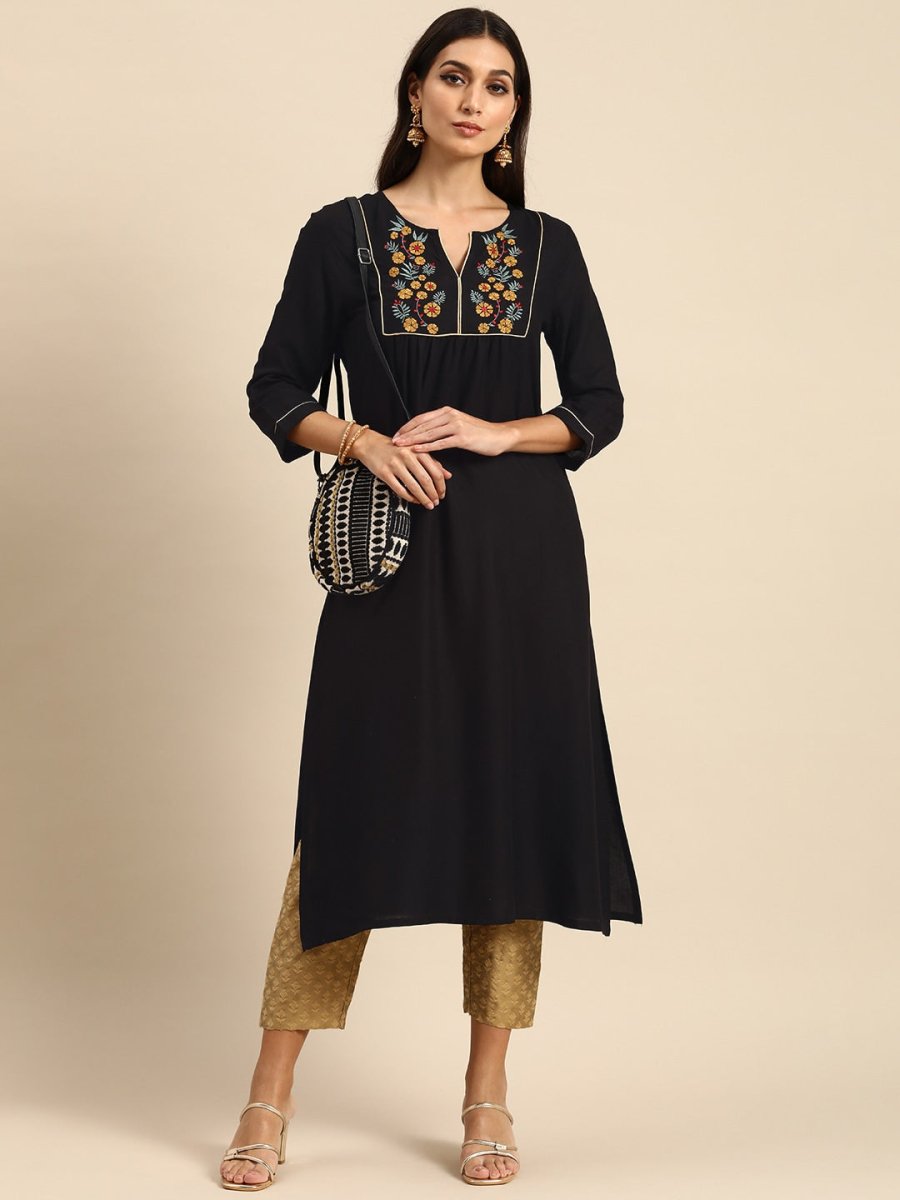 All About You Women Black Floral Yoke Design Embroidered Thread Work Straight Kurta | Grocsy