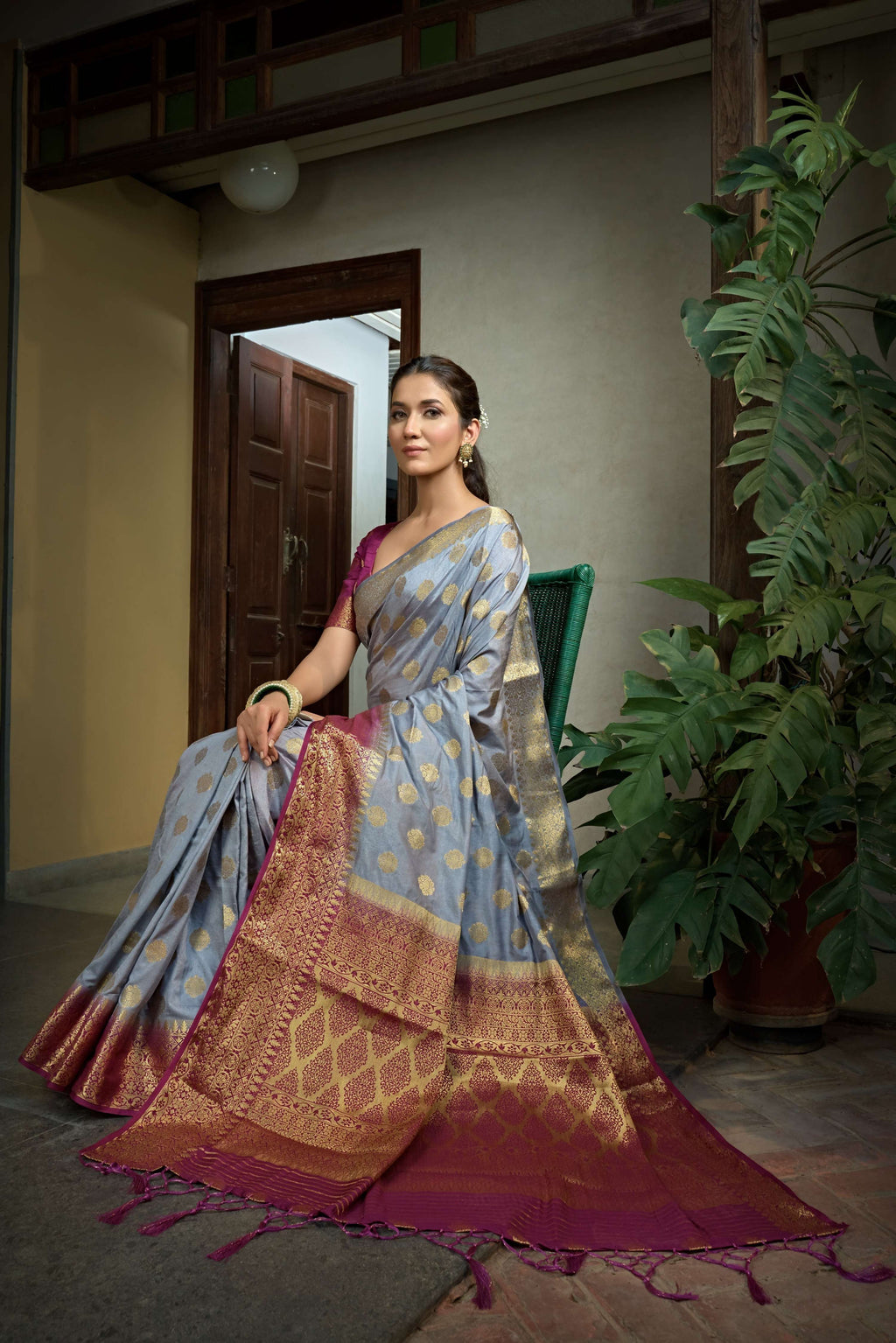 Vardha Royal Grey Golden Zari Banarasi Raw Silk Saree | Grocsy