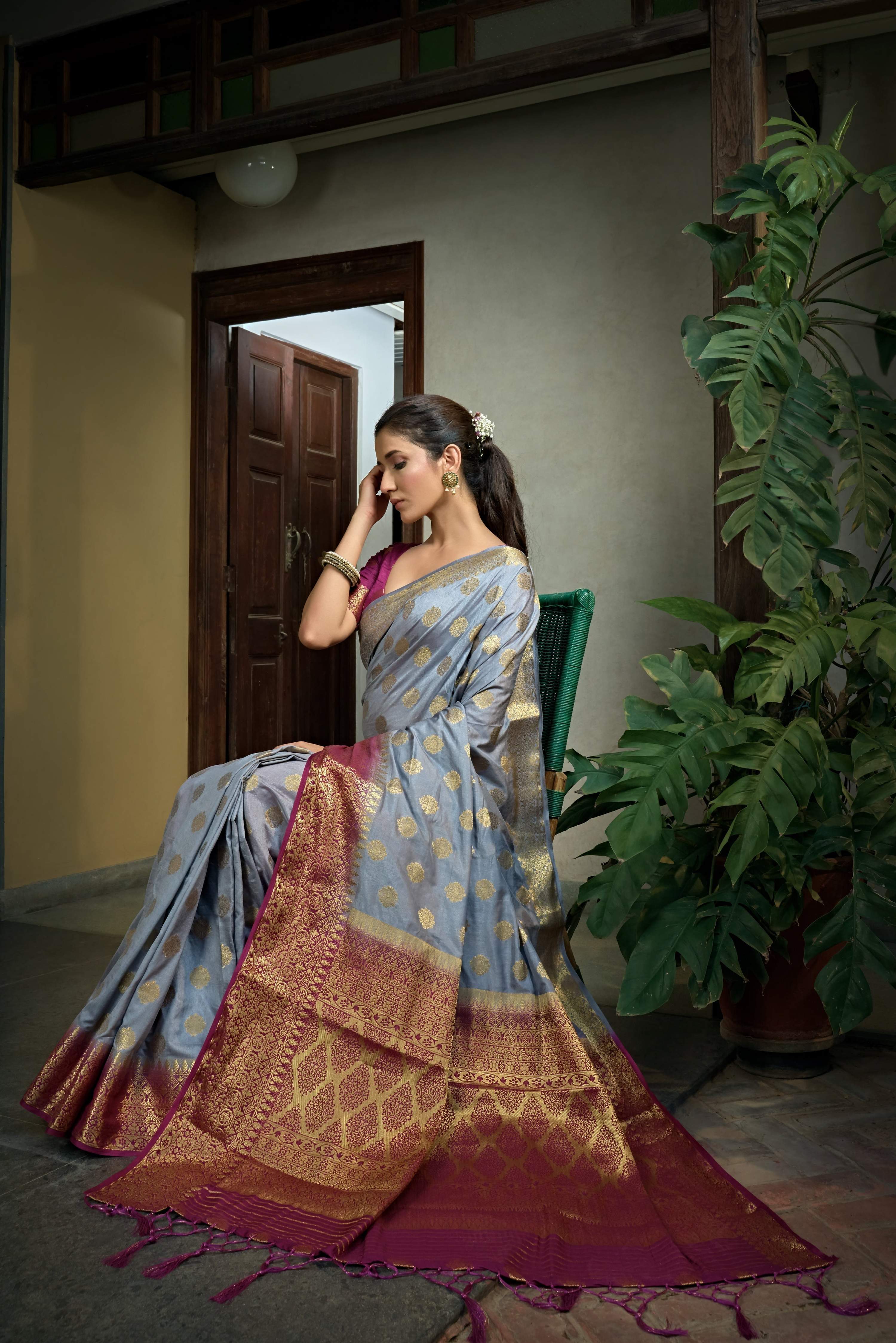 Vardha Royal Grey Golden Zari Banarasi Raw Silk Saree | Grocsy