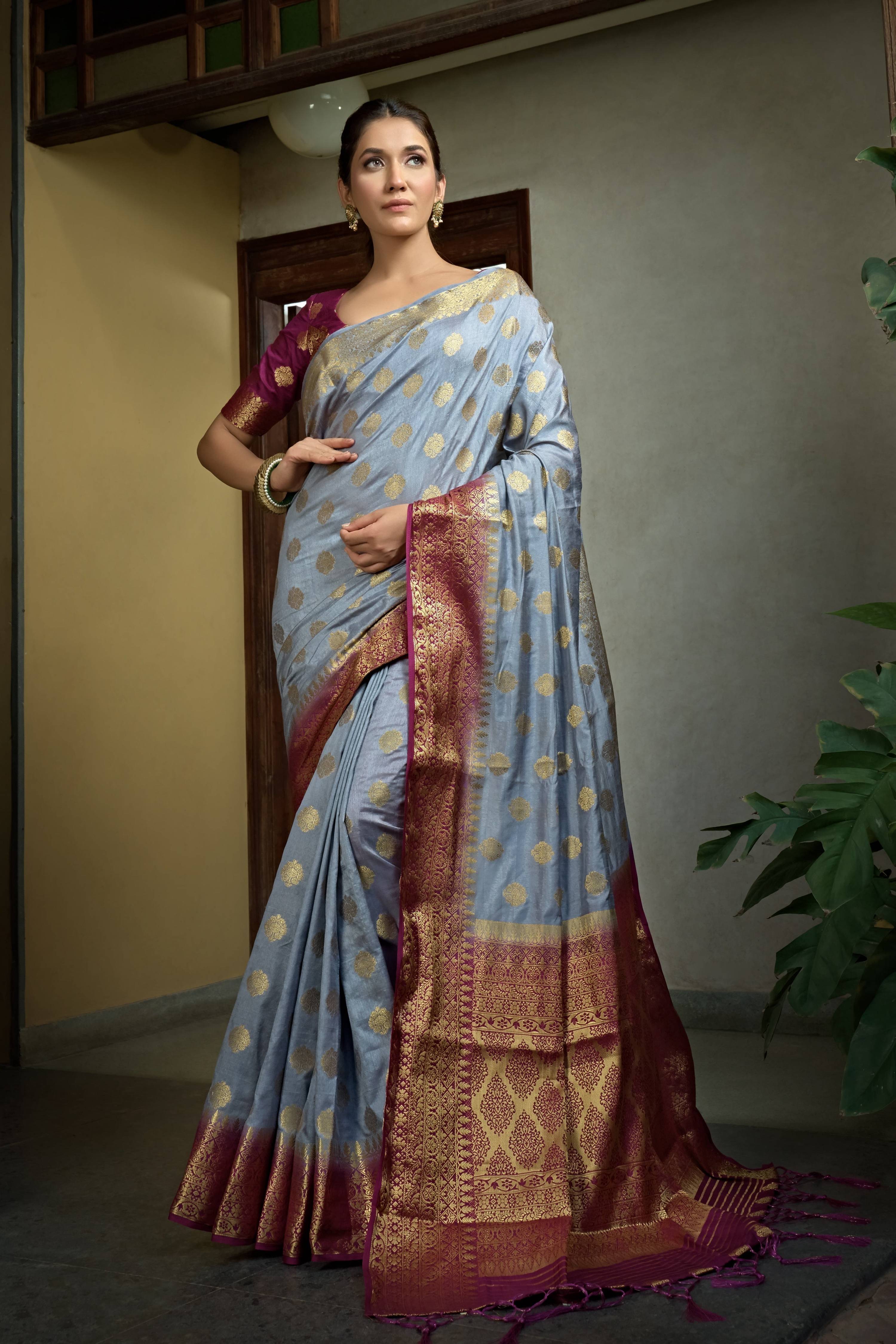 Vardha Royal Grey Golden Zari Banarasi Raw Silk Saree | Grocsy