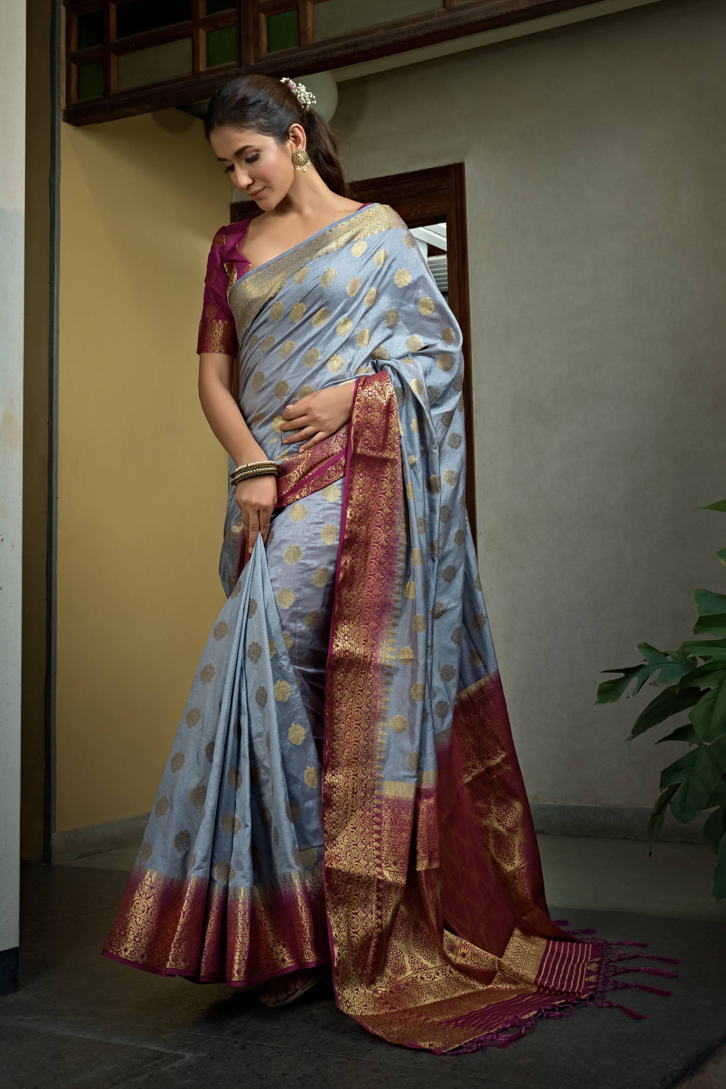 Vardha Royal Grey Golden Zari Banarasi Raw Silk Saree | Grocsy