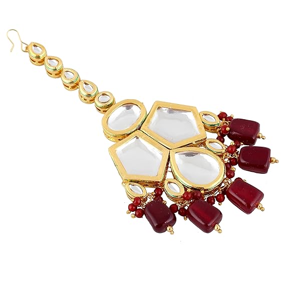Tehzeeb Creations Meenakari Gold-Polished Maroon color pentagon shape Uncut Kundan Combo Necklace Set | Grocsy