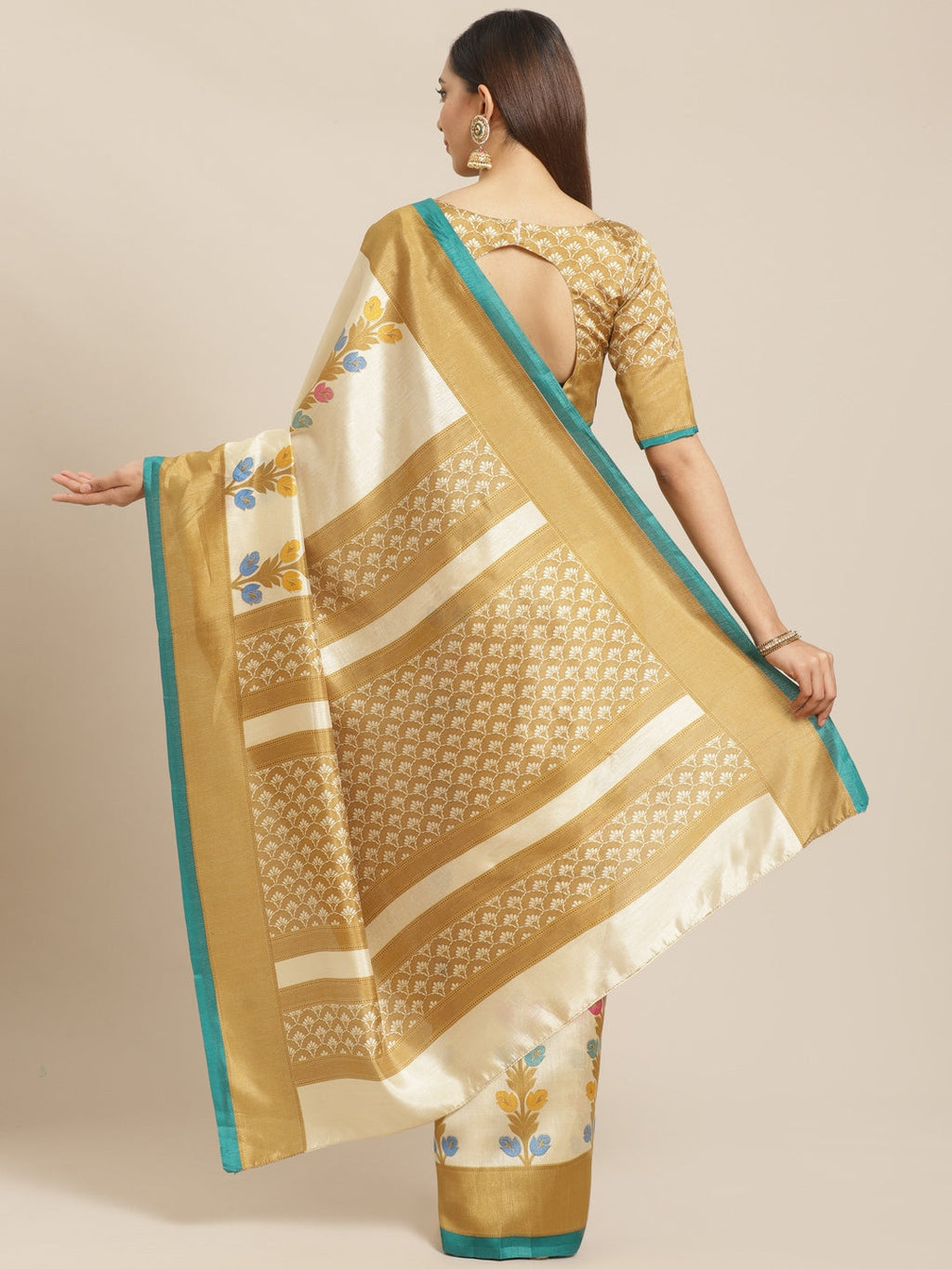 Saree Mall Off-White & Beige Printed Saree | Grocsy
