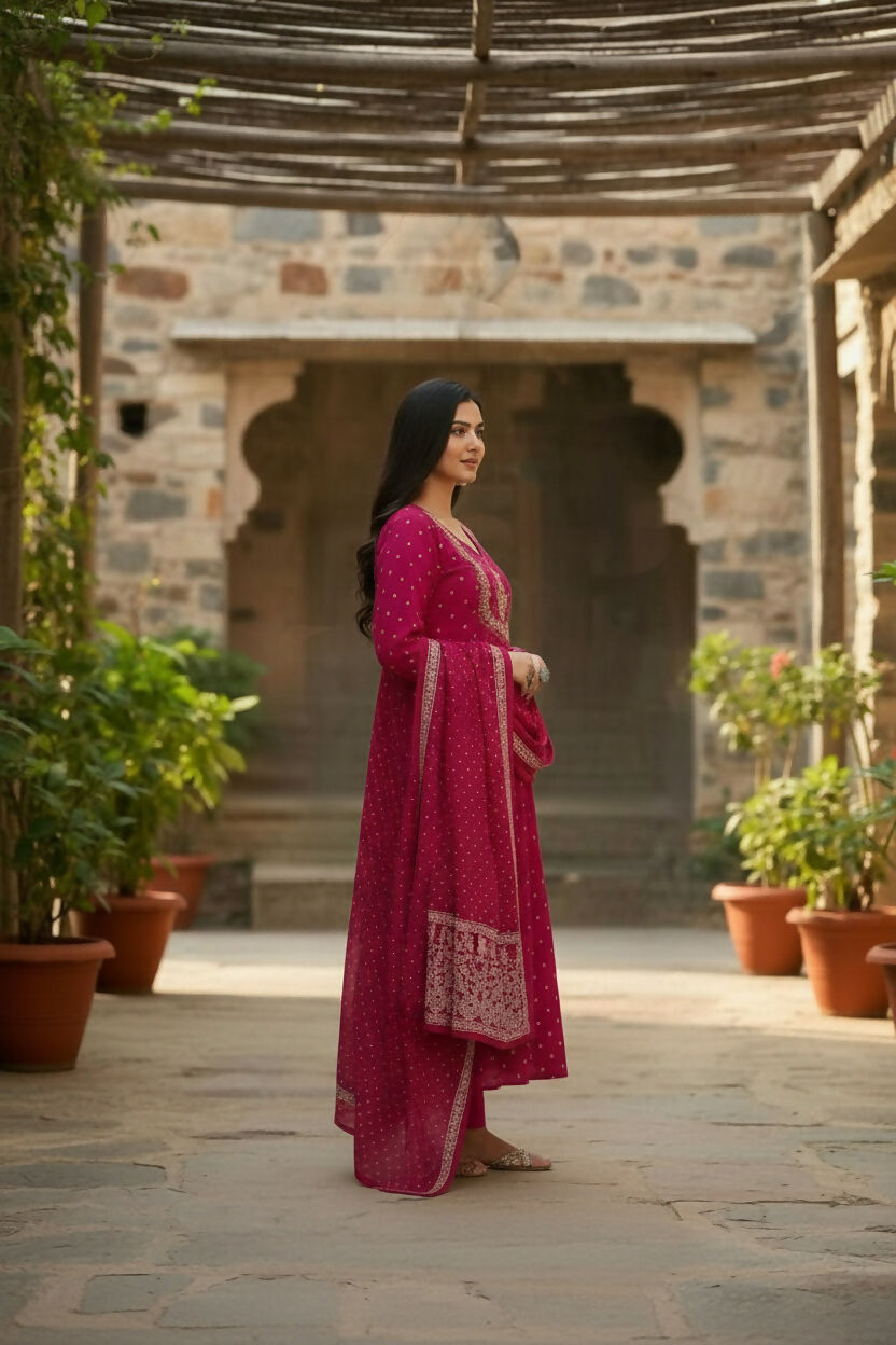 The52 Women's Beautiful Cotton Fabric Embroidery Work Flared Anarkali Pant and Dupatta Set | Grocsy