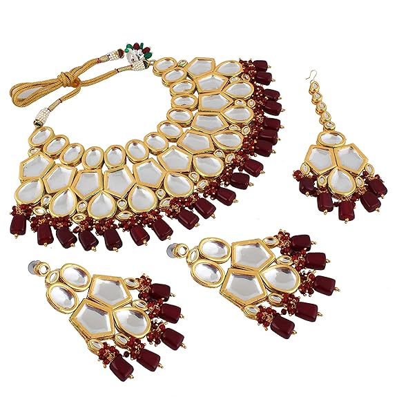 Tehzeeb Creations Meenakari Gold-Polished Maroon color pentagon shape Uncut Kundan Combo Necklace Set | Grocsy