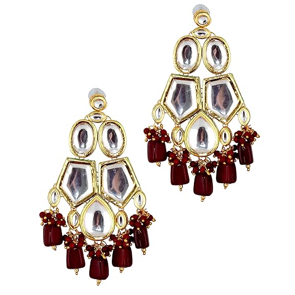 Tehzeeb Creations Meenakari Gold-Polished Maroon color pentagon shape Uncut Kundan Combo Necklace Set | Grocsy