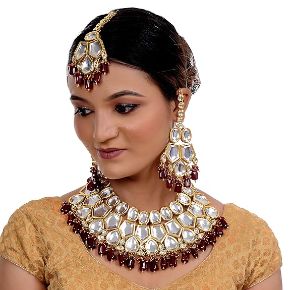 Tehzeeb Creations Meenakari Gold-Polished Maroon color pentagon shape Uncut Kundan Combo Necklace Set | Grocsy