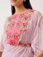 Tikhi Imli Lavender & Pink Floral Embroidered Belted Saree | Grocsy