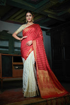 Vardha Rose Red-Ivory White Golden Zari Banarasi Raw Silk Saree | Grocsy