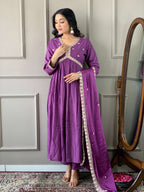 The52 Purple Embroidered Viscose Fabric Straight Kurta, Pant and Dupatta Set | Grocsy