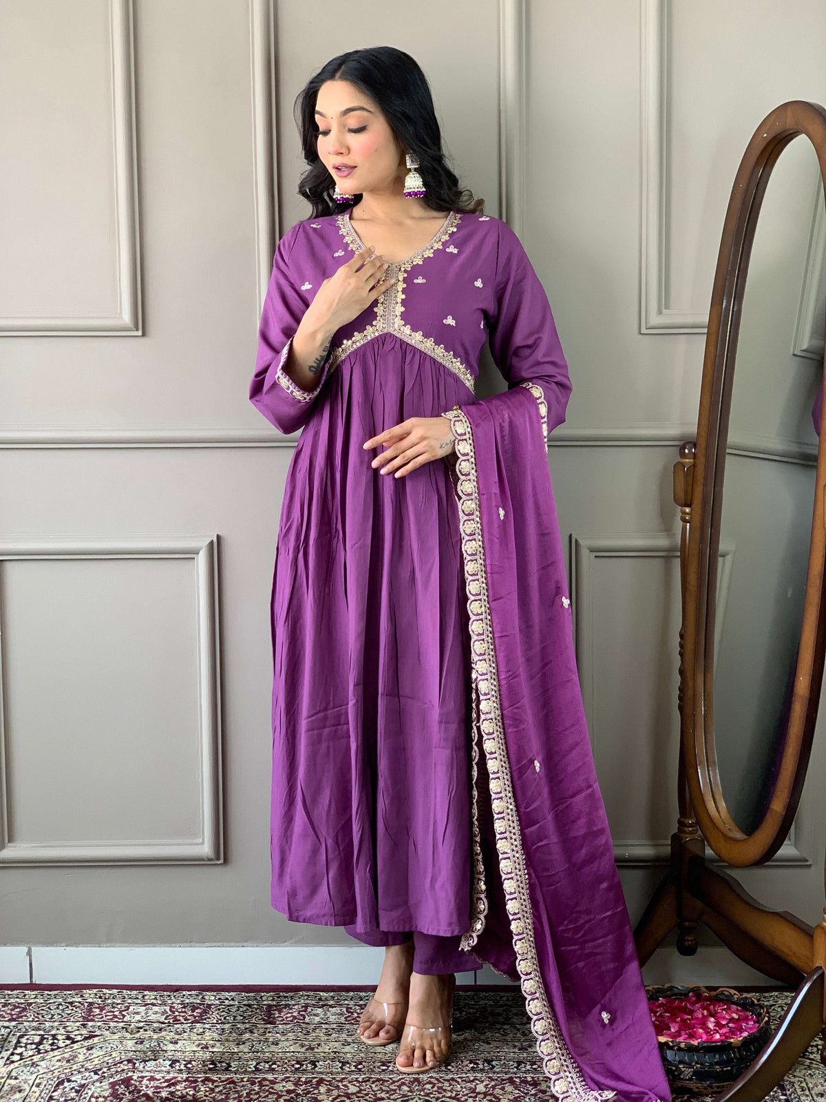 The52 Purple Embroidered Viscose Fabric Straight Kurta, Pant and Dupatta Set | Grocsy