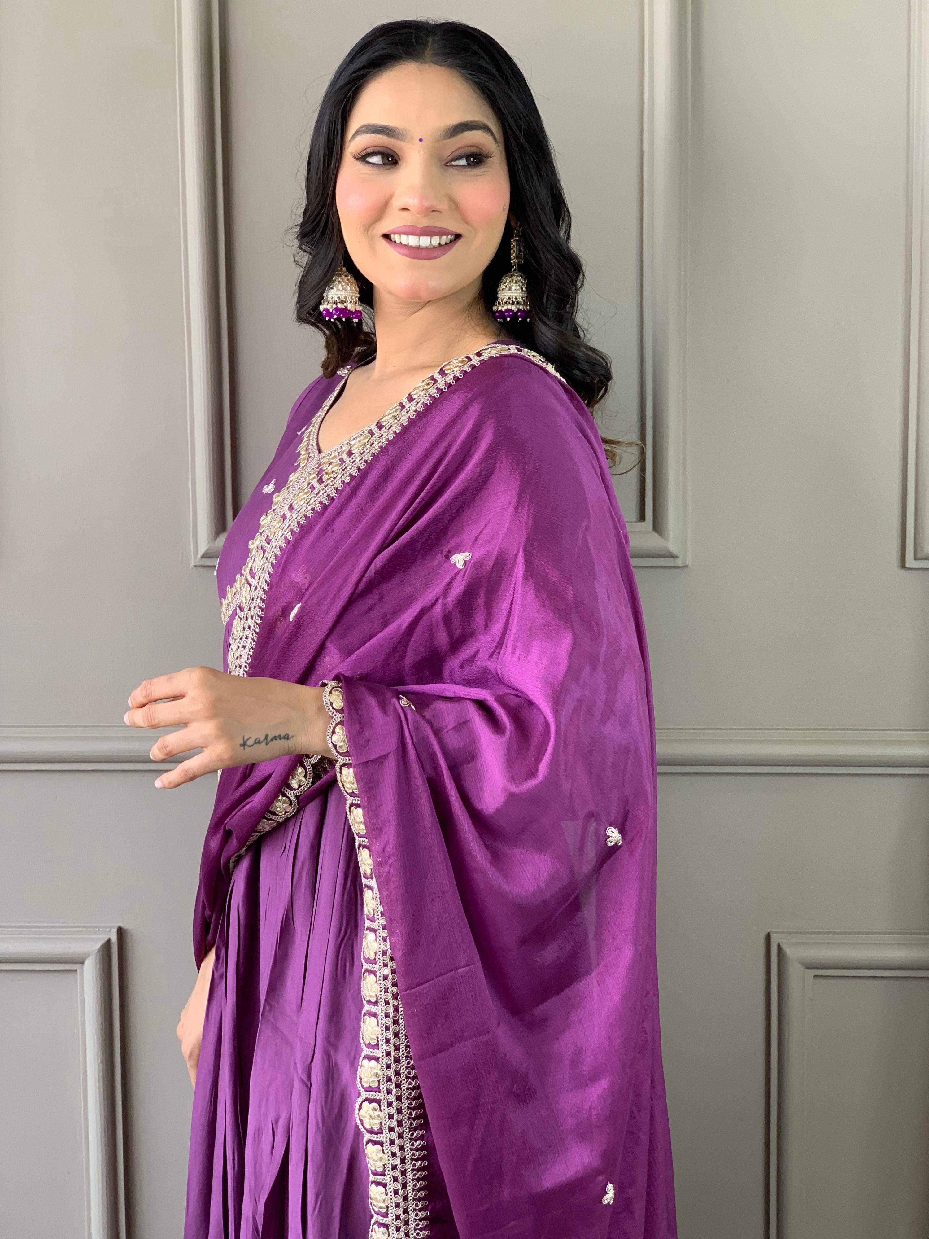 The52 Purple Embroidered Viscose Fabric Straight Kurta, Pant and Dupatta Set | Grocsy