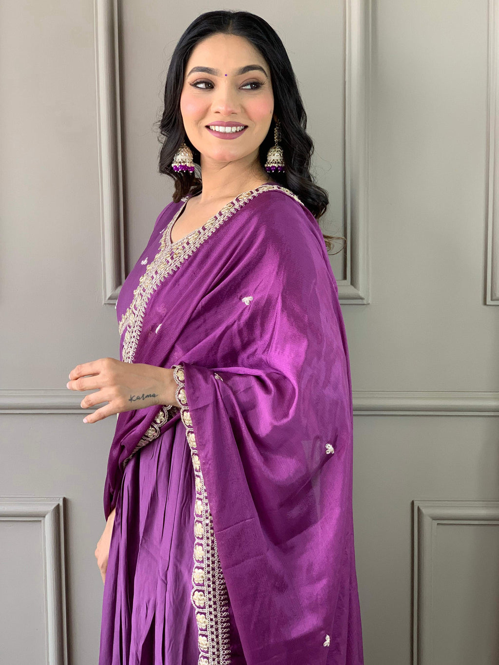 The52 Purple Embroidered Viscose Fabric Straight Kurta, Pant and Dupatta Set | Grocsy