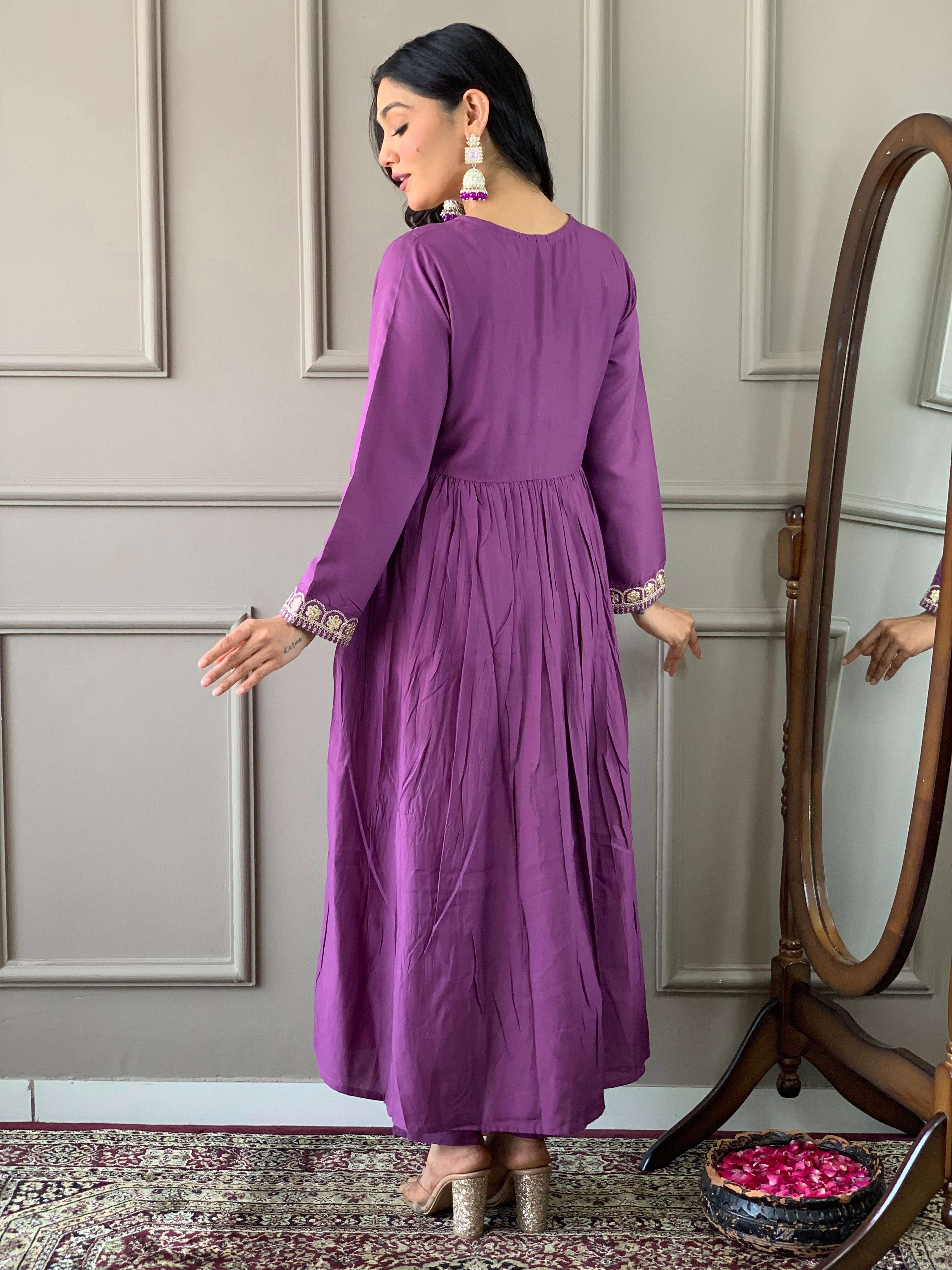 The52 Purple Embroidered Viscose Fabric Straight Kurta, Pant and Dupatta Set | Grocsy