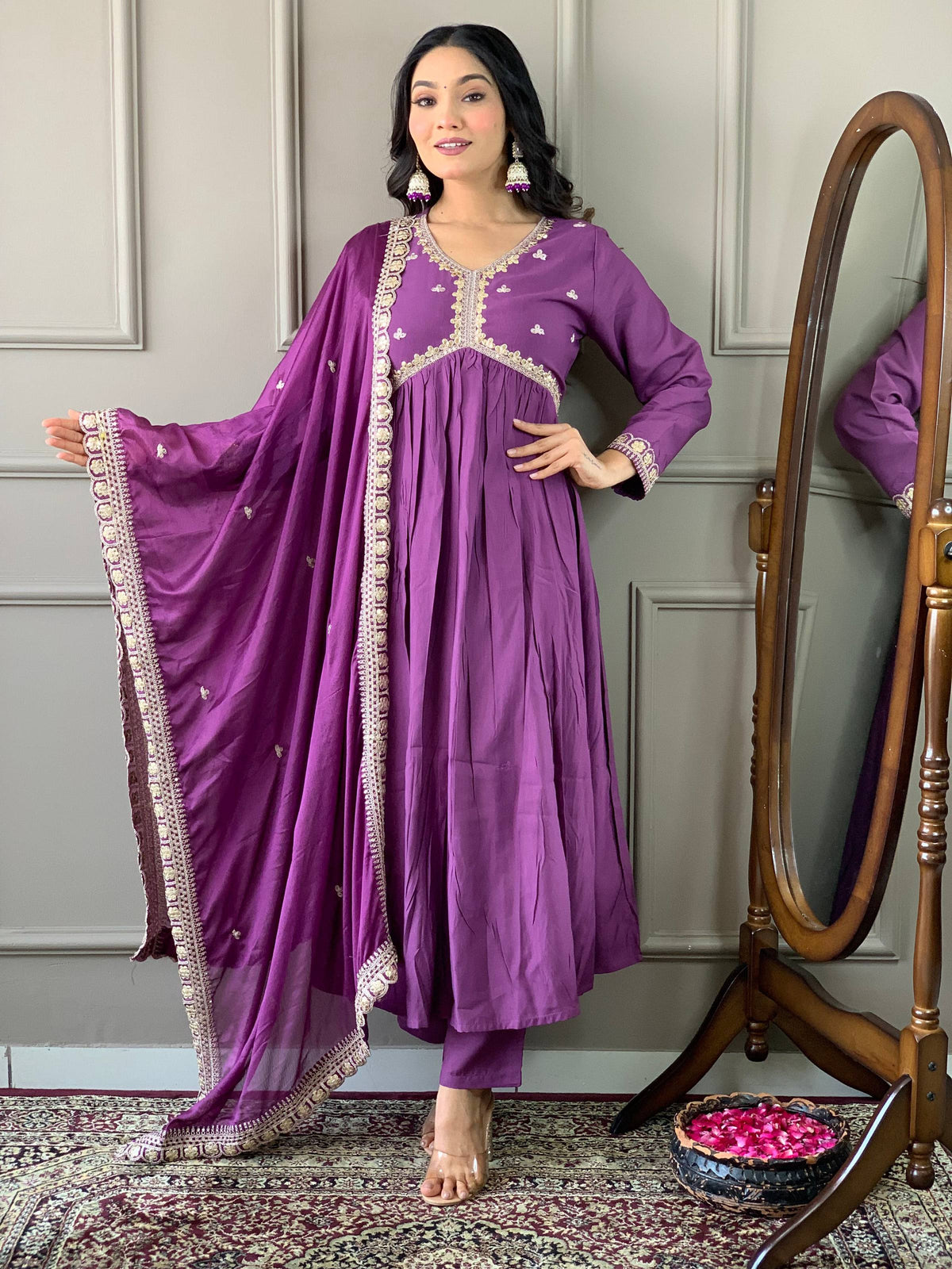 The52 Purple Embroidered Viscose Fabric Straight Kurta, Pant and Dupatta Set | Grocsy