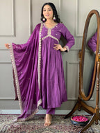 The52 Purple Embroidered Viscose Fabric Straight Kurta, Pant and Dupatta Set | Grocsy