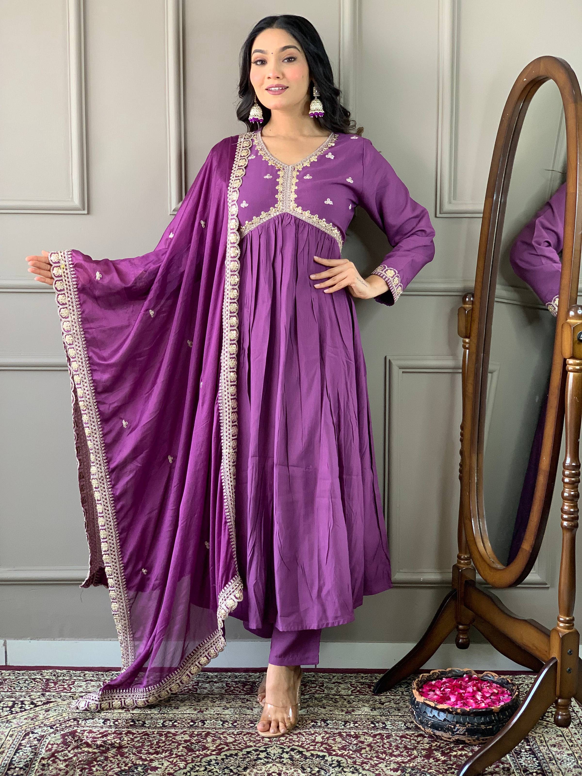 The52 Purple Embroidered Viscose Fabric Straight Kurta, Pant and Dupatta Set | Grocsy