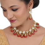 Tehzeeb Creations Back Meenakari Gold-Polished Red Color Square Shape Earring Jewellery Set Uncut Kundan Big Faux Kundan Dibbi Kundan Necklace Set | Grocsy