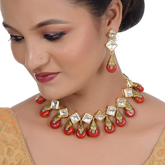 Tehzeeb Creations Back Meenakari Gold-Polished Red Color Square Shape Earring Jewellery Set Uncut Kundan Big Faux Kundan Dibbi Kundan Necklace Set | Grocsy
