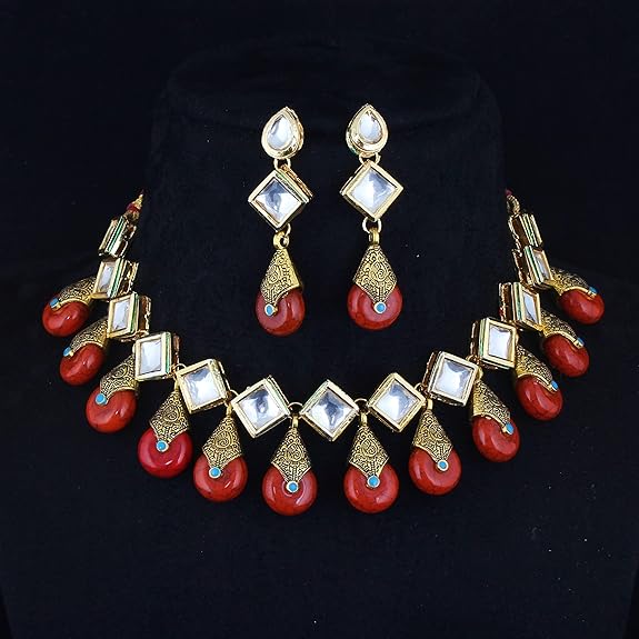 Tehzeeb Creations Back Meenakari Gold-Polished Red Color Square Shape Earring Jewellery Set Uncut Kundan Big Faux Kundan Dibbi Kundan Necklace Set | Grocsy