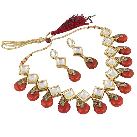 Tehzeeb Creations Back Meenakari Gold-Polished Red Color Square Shape Earring Jewellery Set Uncut Kundan Big Faux Kundan Dibbi Kundan Necklace Set | Grocsy