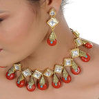 Tehzeeb Creations Back Meenakari Gold-Polished Red Color Square Shape Earring Jewellery Set Uncut Kundan Big Faux Kundan Dibbi Kundan Necklace Set | Grocsy