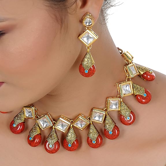 Tehzeeb Creations Back Meenakari Gold-Polished Red Color Square Shape Earring Jewellery Set Uncut Kundan Big Faux Kundan Dibbi Kundan Necklace Set | Grocsy