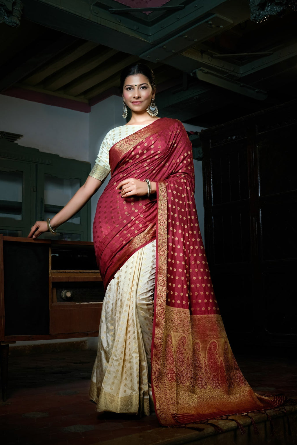 Vardha Maroon Red-Ivory White Golden Zari Banarasi Raw Silk Saree | Grocsy