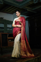 Vardha Maroon Red-Ivory White Golden Zari Banarasi Raw Silk Saree | Grocsy