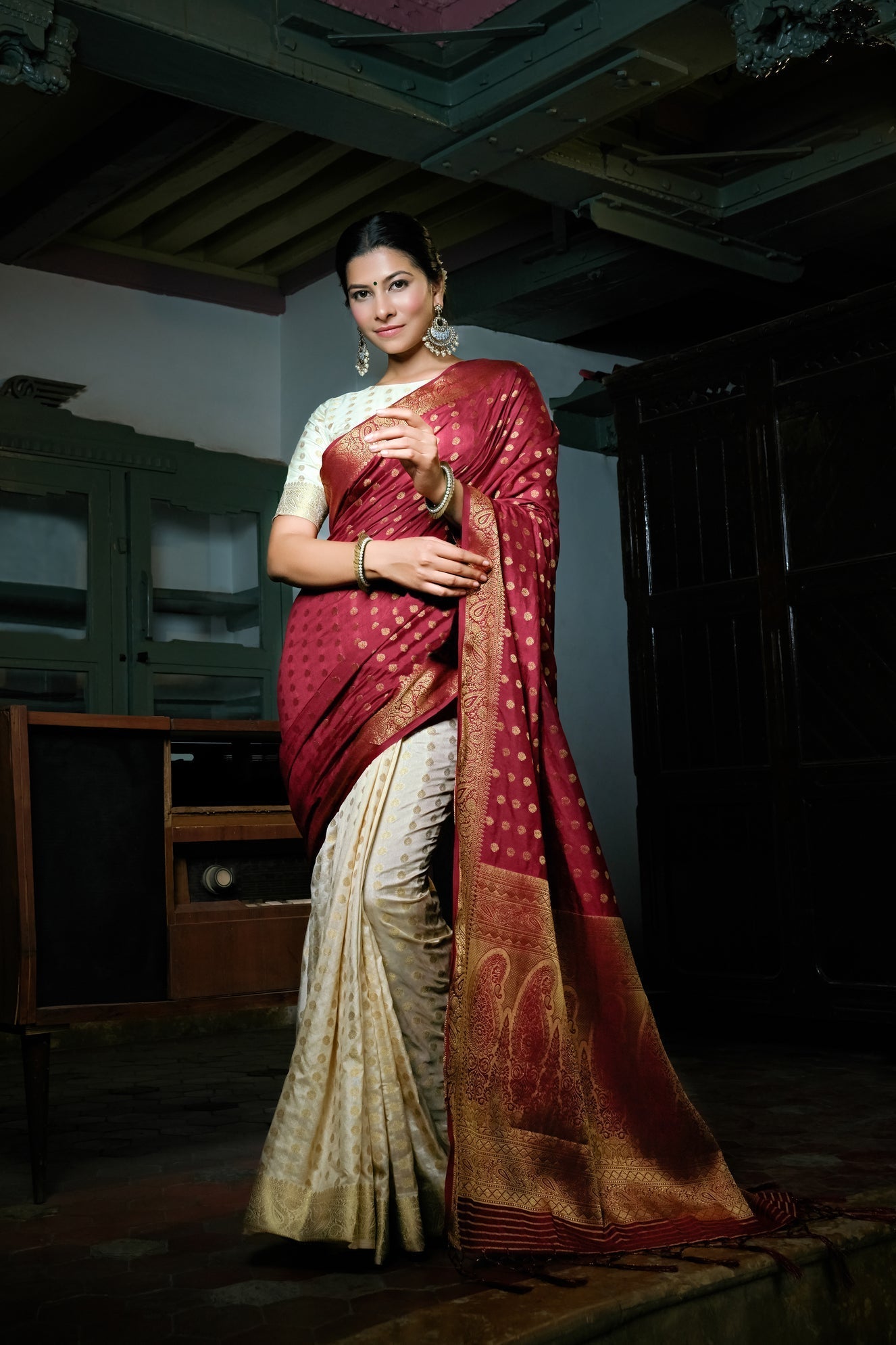 Vardha Maroon Red-Ivory White Golden Zari Banarasi Raw Silk Saree | Grocsy