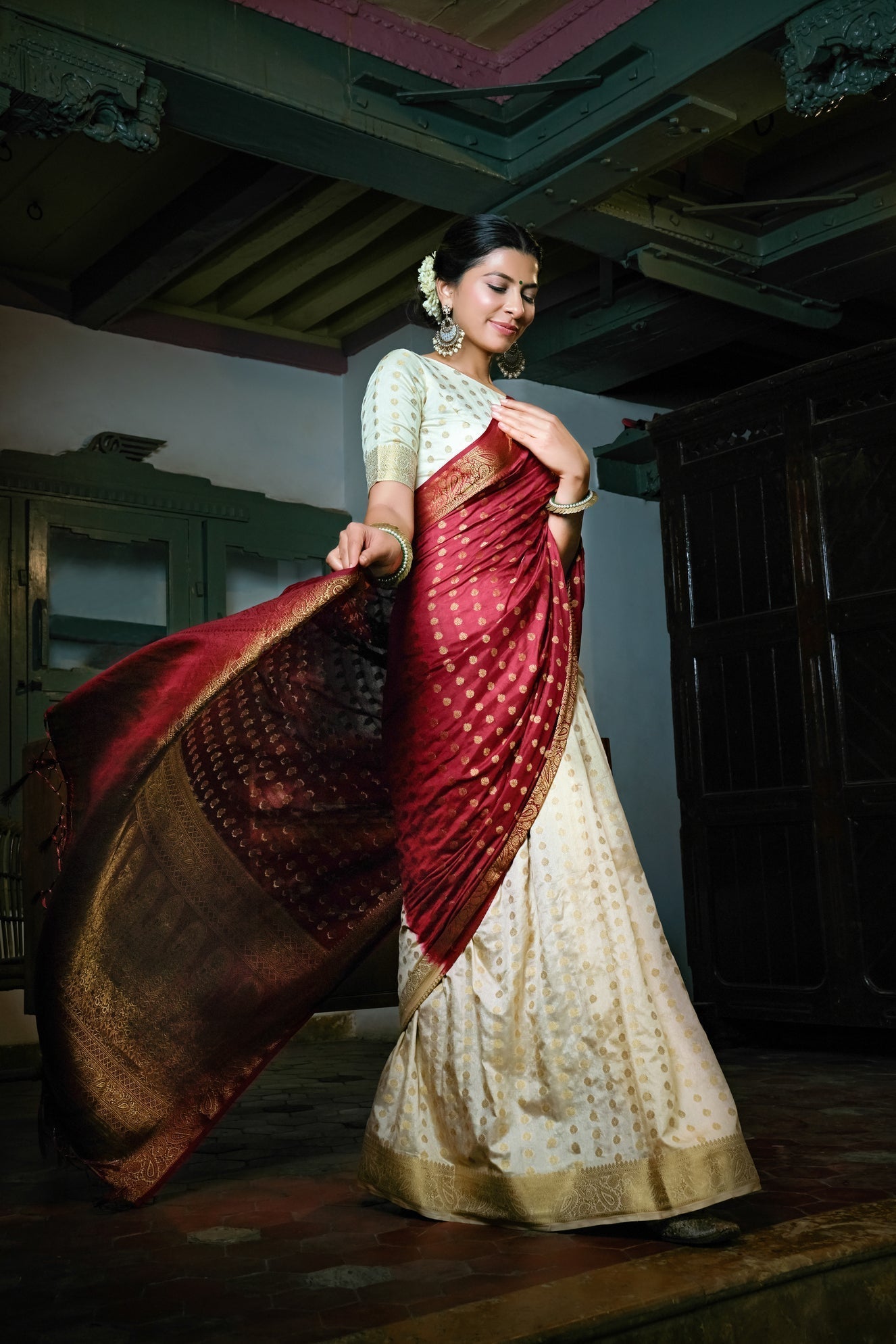 Vardha Maroon Red-Ivory White Golden Zari Banarasi Raw Silk Saree | Grocsy