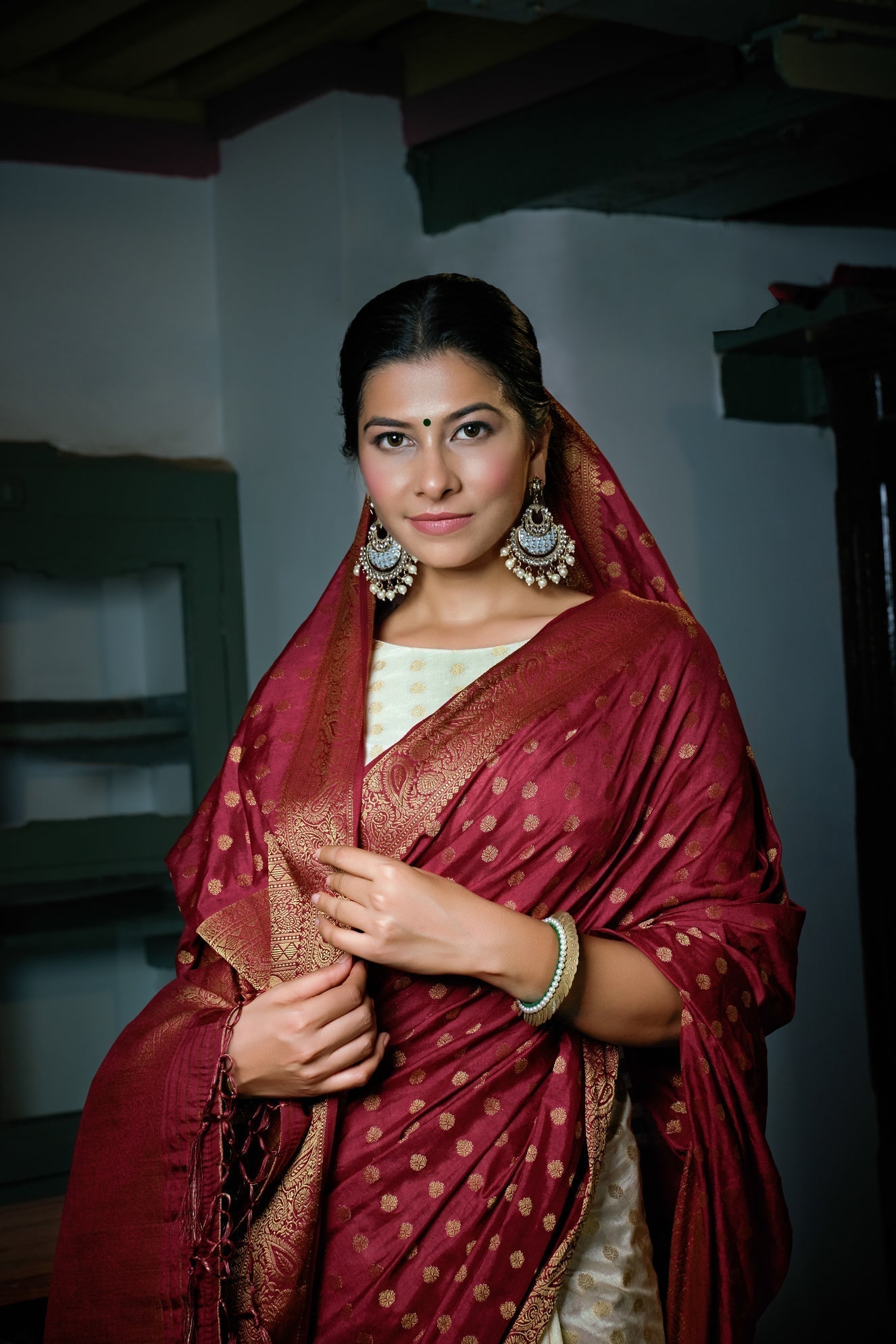 Vardha Maroon Red-Ivory White Golden Zari Banarasi Raw Silk Saree | Grocsy