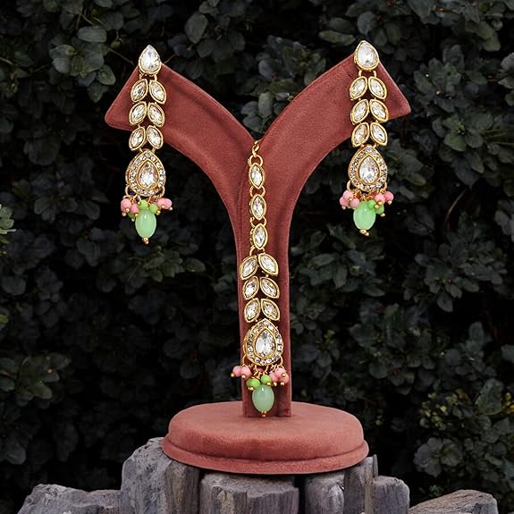 Tehzeeb Creations Designer Pink and Mint Color Choker Stone Necklace Set | Grocsy