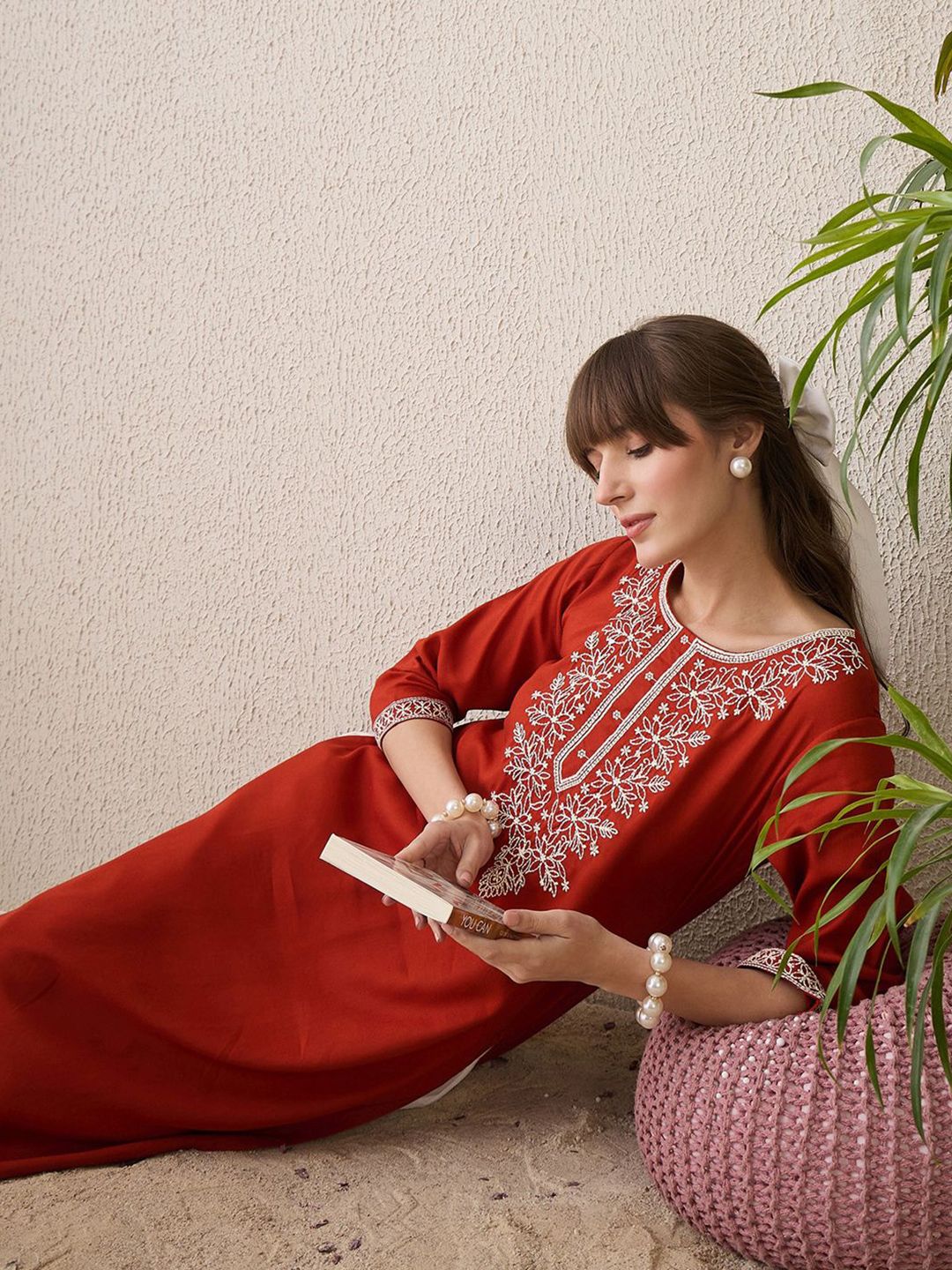 Indo Era Floral Yoke Design Thread Work Cotton Straight Kurta | Grocsy