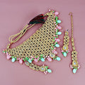 Tehzeeb Creations Designer Pink and Mint Color Choker Stone Necklace Set | Grocsy