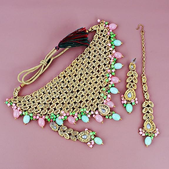 Tehzeeb Creations Designer Pink and Mint Color Choker Stone Necklace Set | Grocsy