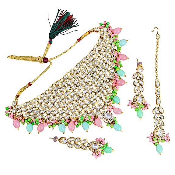 Tehzeeb Creations Designer Pink and Mint Color Choker Stone Necklace Set | Grocsy