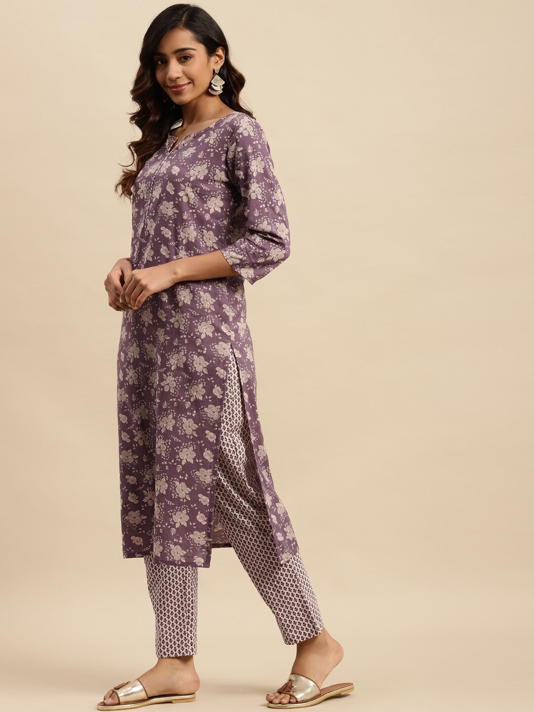 Sangria Maroon Floral Printed Pure Cotton Kurta With Trouser & Dupatta | Grocsy