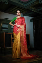 Vardha Mustard Yellow-Rosewood Red Golden Zari Banarasi Raw Silk Saree | Grocsy
