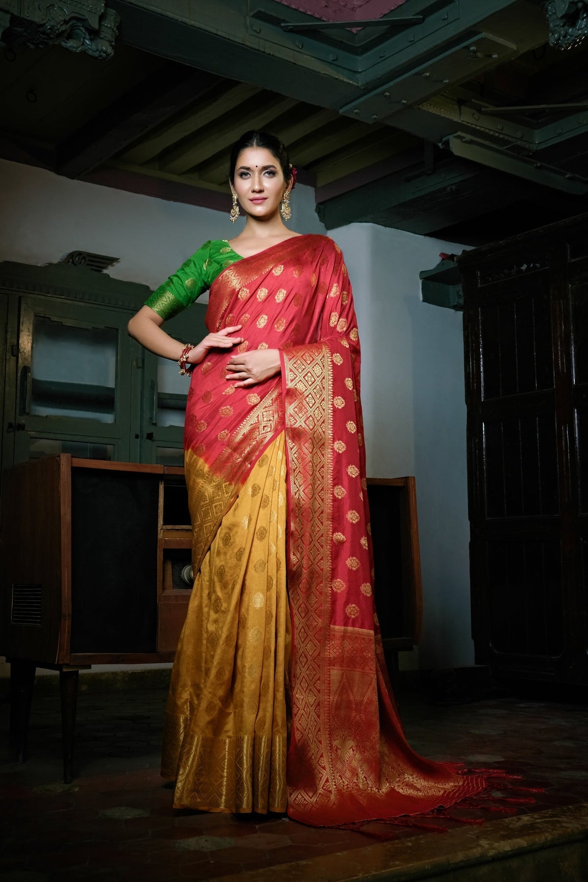 Vardha Mustard Yellow-Rosewood Red Golden Zari Banarasi Raw Silk Saree | Grocsy