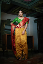 Vardha Mustard Yellow-Rosewood Red Golden Zari Banarasi Raw Silk Saree | Grocsy