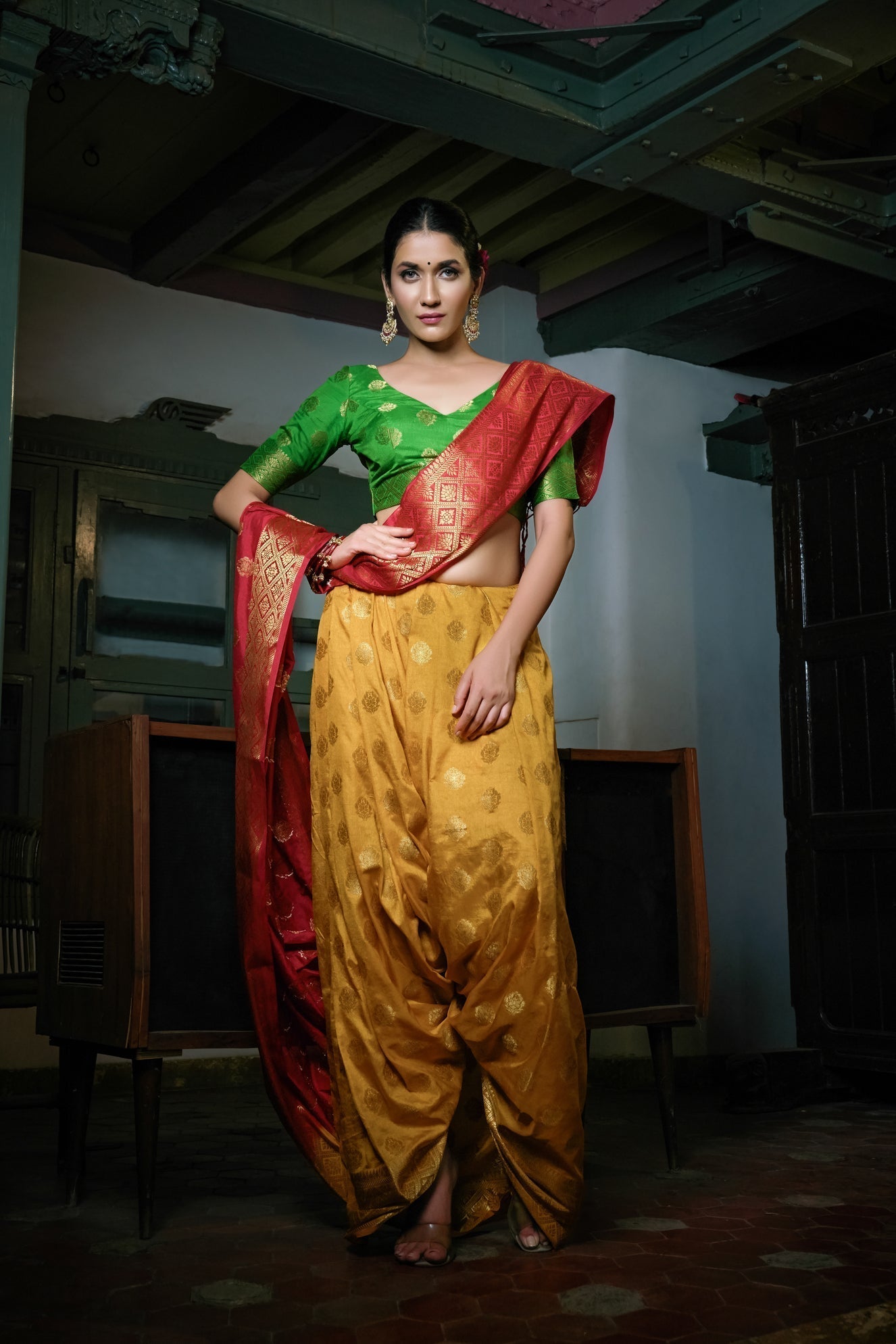 Vardha Mustard Yellow-Rosewood Red Golden Zari Banarasi Raw Silk Saree | Grocsy