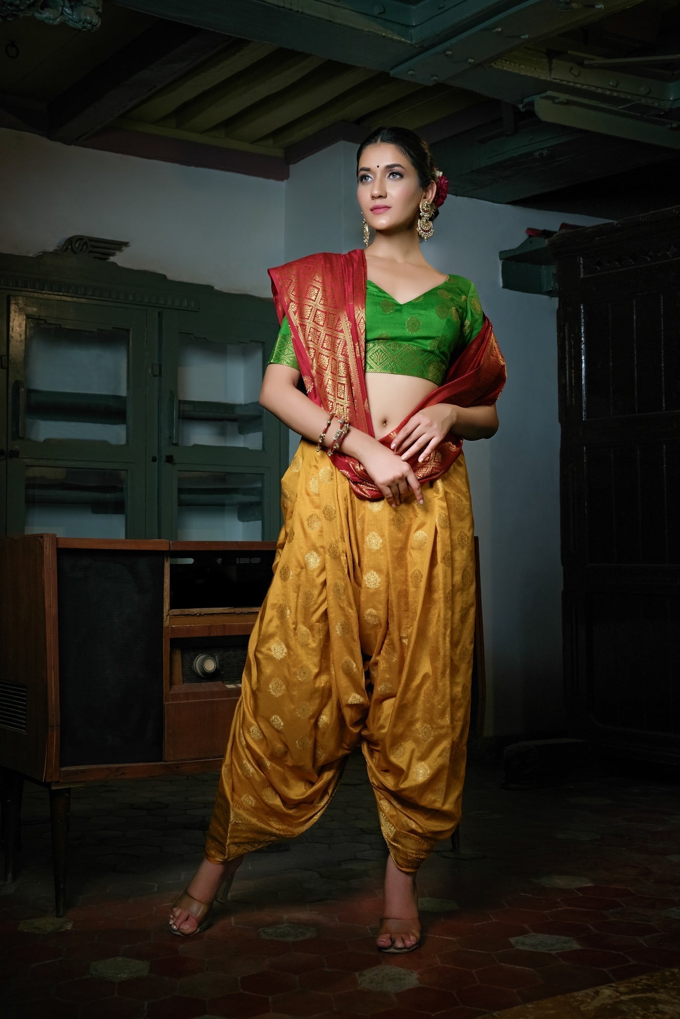 Vardha Mustard Yellow-Rosewood Red Golden Zari Banarasi Raw Silk Saree | Grocsy