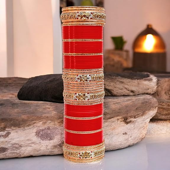 Tehzeeb Creations Bridal Bangle Set Golden White & Red Stone Chuda, Wedding punjabi Choora Fashion Chura Set for Women | Grocsy