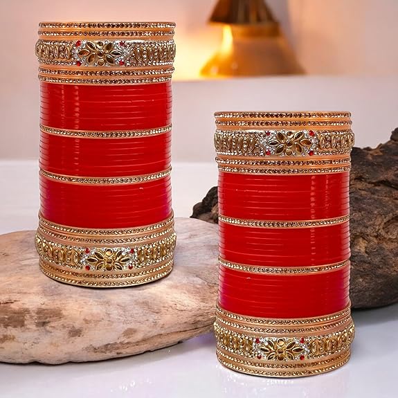 Tehzeeb Creations Bridal Bangle Set Golden White & Red Stone Chuda, Wedding punjabi Choora Fashion Chura Set for Women | Grocsy